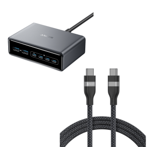 Anker Prime Charger (200W, 6 Ports, GaN) and Anker USB-C to USB-C Cable (6 ft, 240W, Upcycled-Braided)